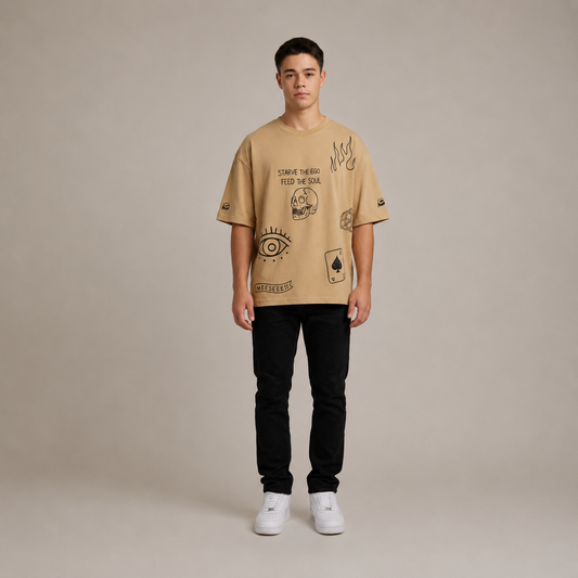 Tan oversized t-shirt with eye and flame graphic prints, styled with black pants and white shoes against a neutral background.