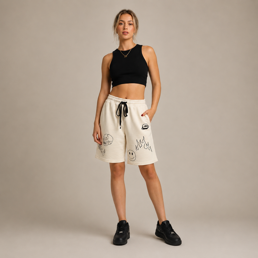 Light-coloured shorts with graphic designs, featuring an elastic waistband and drawcord, styled with a fitted black crop top.